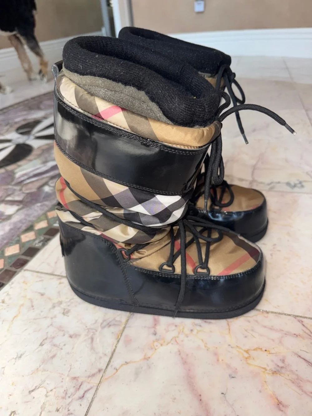 Burberry Beige Plaid and Black Lace-Up Winter Boots - Picture 2 of 5